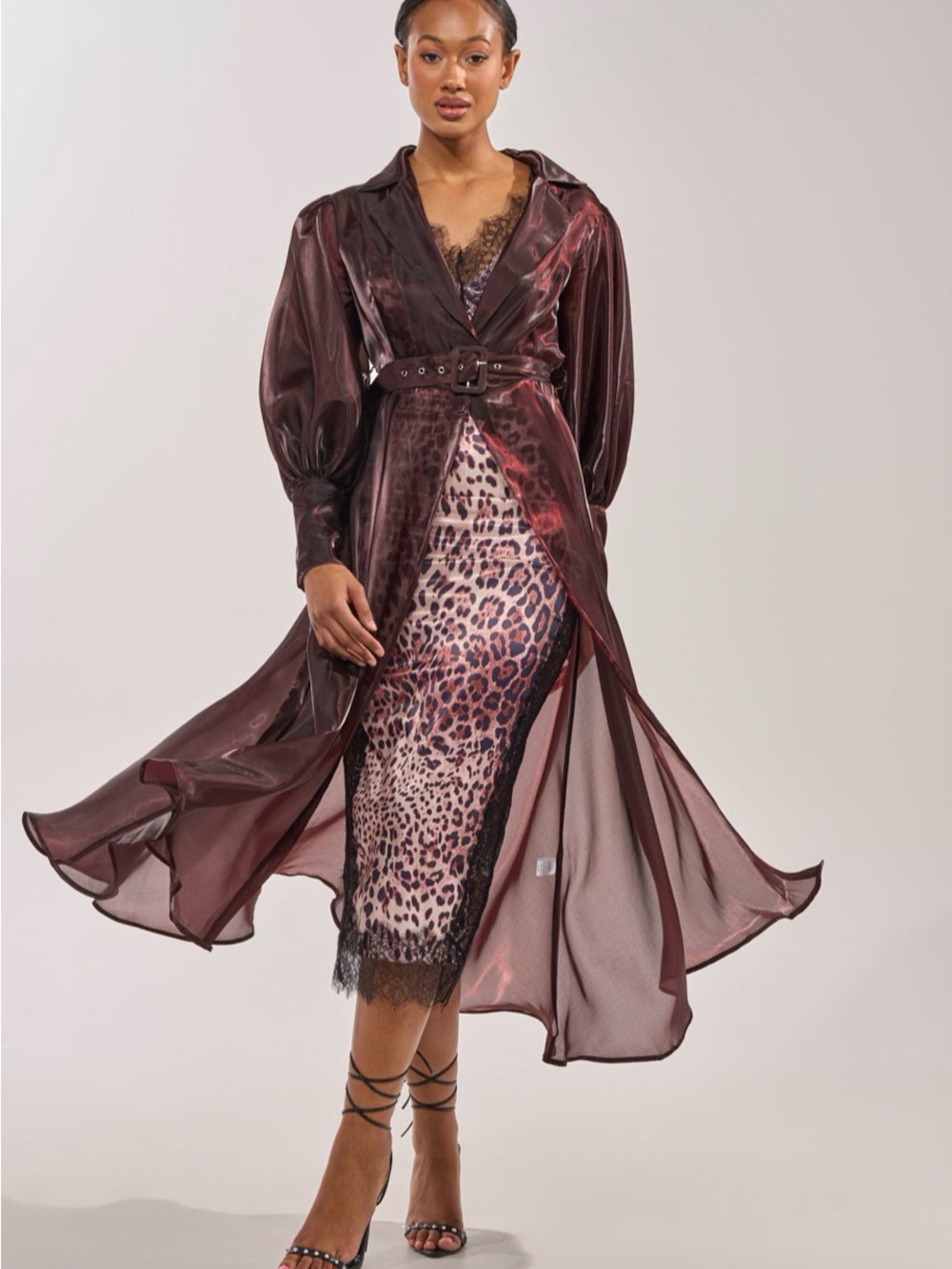 AKIRA Sheer Burgundy Belted Duster Over Leopard Slip Dress